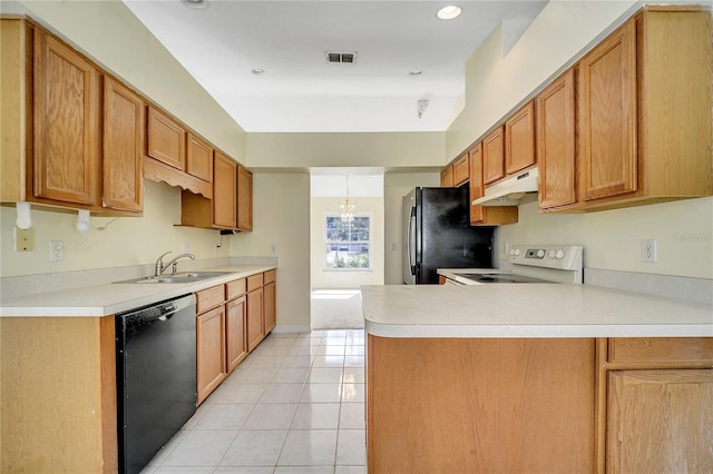 kitchen with light tile patterned flooring, black appliances, sink, a notable chandelier, and kitchen peninsula