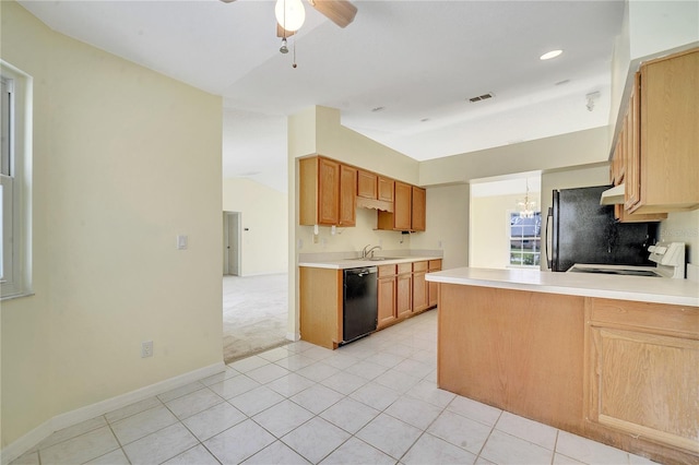 kitchen with ceiling fan with notable chandelier, dishwasher, sink, stainless steel fridge, and kitchen peninsula