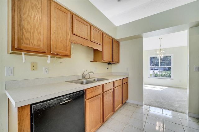 kitchen with sink, a chandelier, light carpet, dishwasher, and pendant lighting