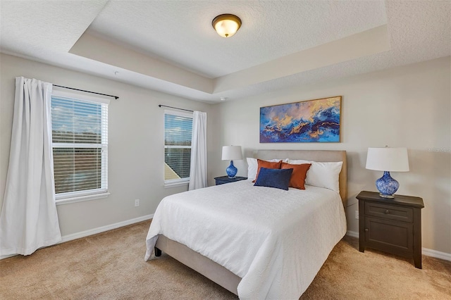 bedroom with a raised ceiling, light colored carpet, and a textured ceiling