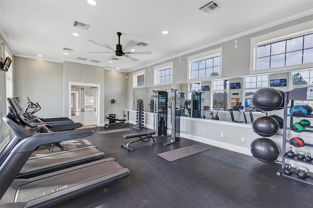 exercise room with french doors, ceiling fan, and ornamental molding