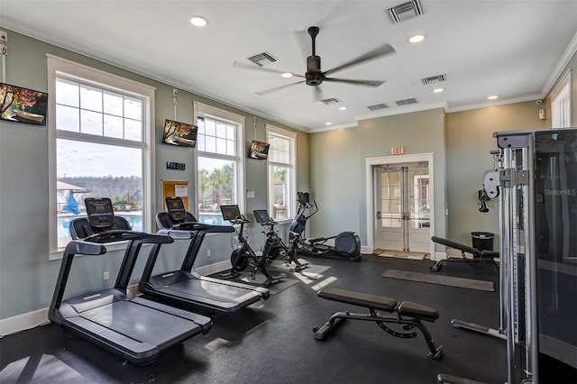 gym featuring ornamental molding, french doors, and ceiling fan