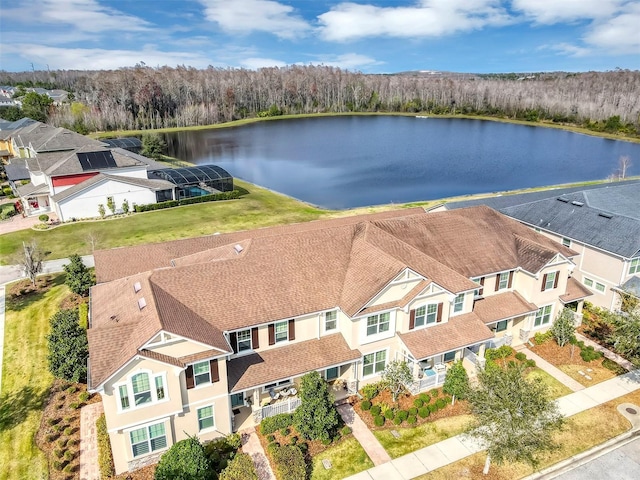 aerial view featuring a water view