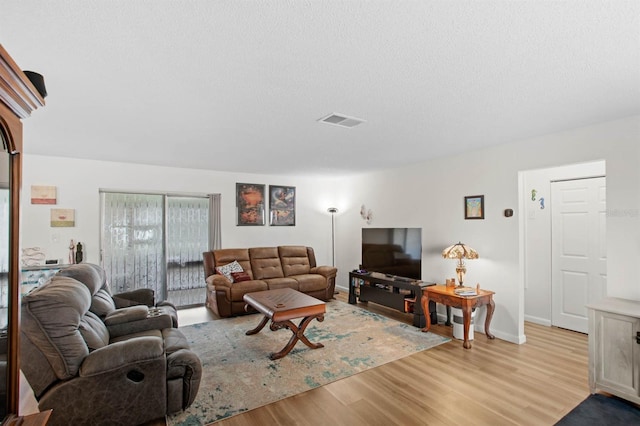 living room with light hardwood / wood-style floors and a textured ceiling