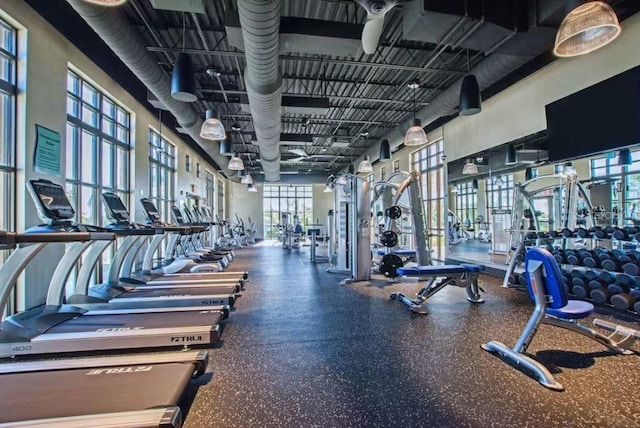 gym featuring a towering ceiling