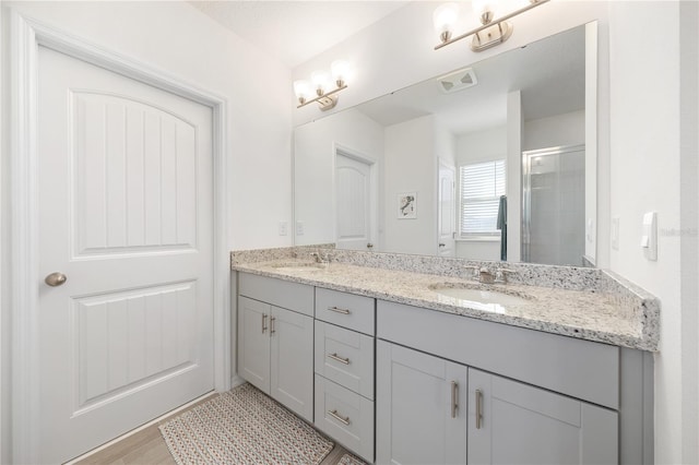 bathroom with walk in shower and vanity