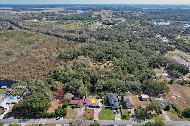 bird's eye view featuring a water view and a rural view