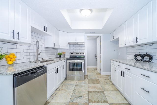 kitchen with sink, white cabinetry, appliances with stainless steel finishes, a tray ceiling, and light stone countertops