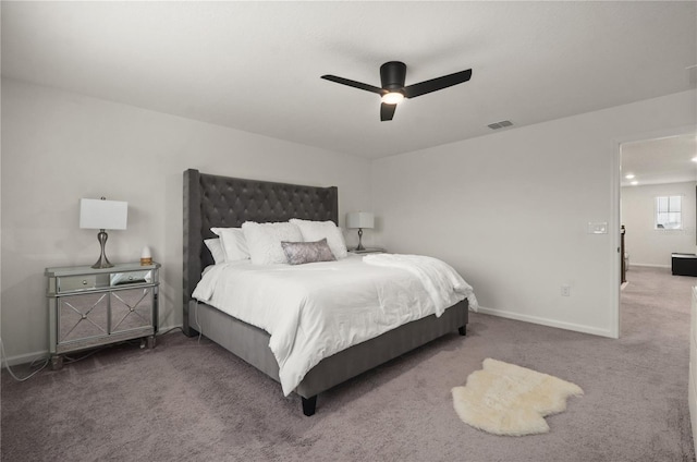 carpeted bedroom featuring ceiling fan