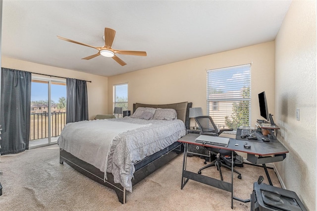 bedroom with light carpet, access to outside, and ceiling fan