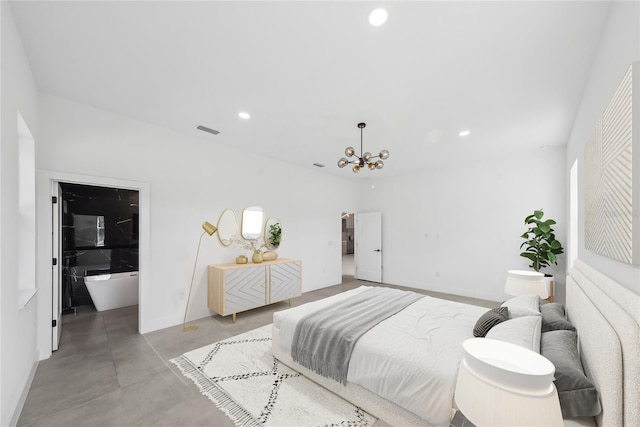 bedroom with a notable chandelier