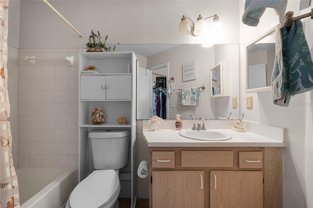 full bathroom with vanity, toilet, and shower / bath combo with shower curtain