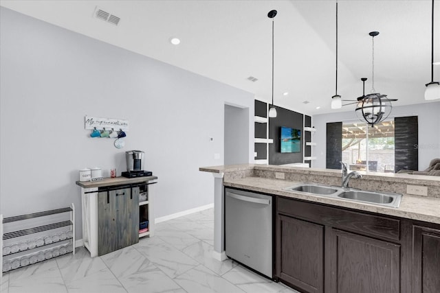 3337 Reedy Glen Dr, Kissimmee, FL 34758 - kitchen featuring decorative light fixtures, dishwasher, sink, dark brown cabinetry, and an inviting chandelier