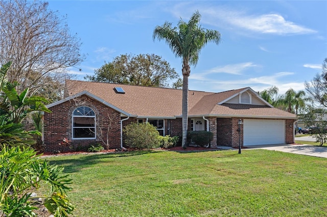 single story home featuring a garage and a front lawn