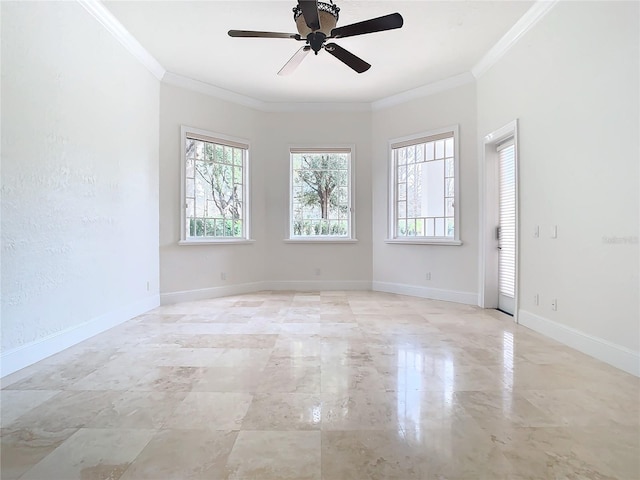 unfurnished room featuring ornamental molding, a wealth of natural light, and ceiling fan