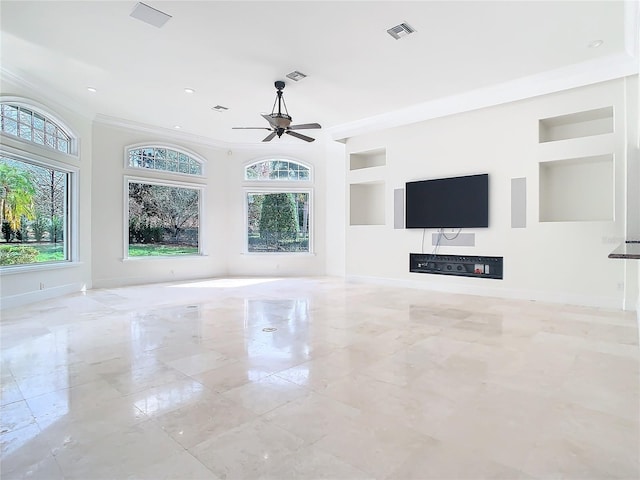 unfurnished living room with crown molding, built in features, and ceiling fan