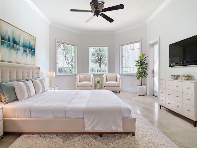 bedroom with ceiling fan and ornamental molding