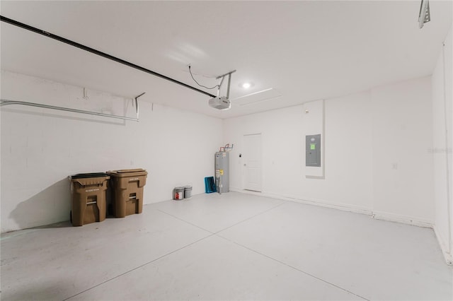 garage with water heater, a garage door opener, and electric panel