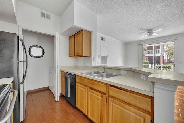 kitchen with sink, range, dishwasher, ceiling fan, and light hardwood / wood-style floors