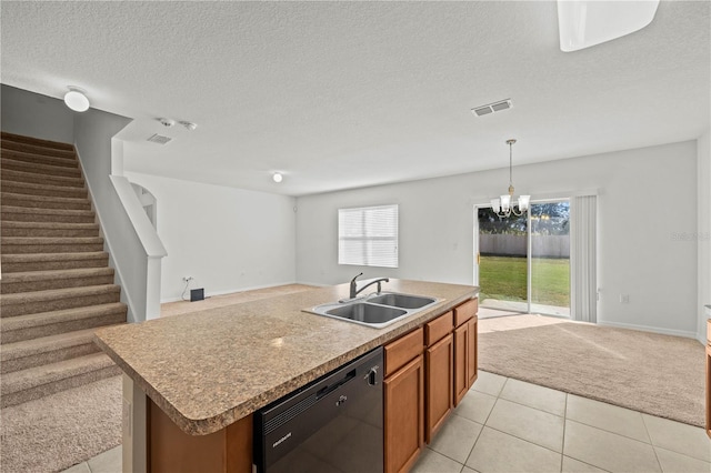 kitchen with sink, dishwasher, a center island with sink, decorative light fixtures, and light colored carpet