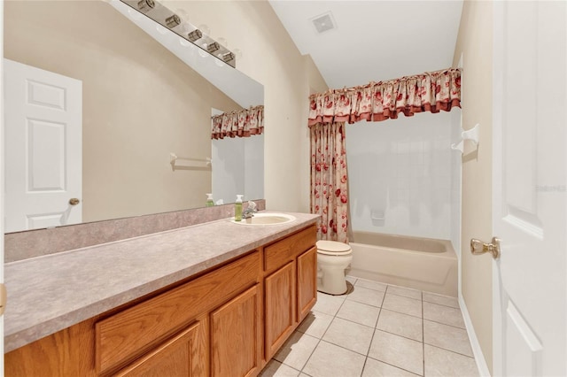 full bathroom featuring toilet, shower / bath combo, tile patterned flooring, and vanity