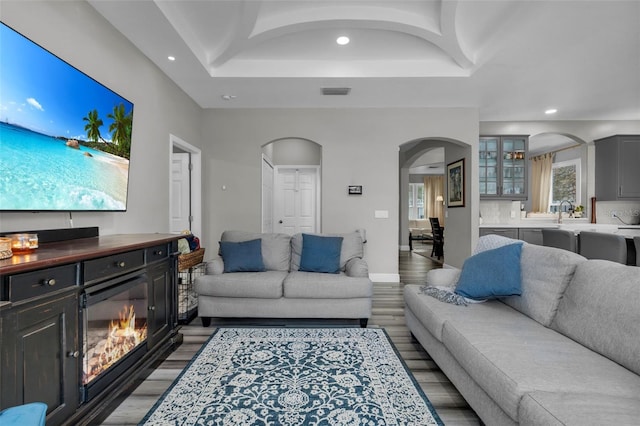 living room featuring a raised ceiling, sink, and light hardwood / wood-style floors