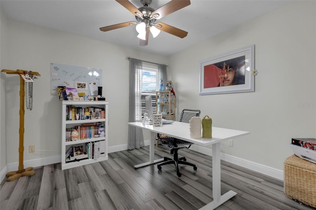 office space featuring hardwood / wood-style flooring and ceiling fan