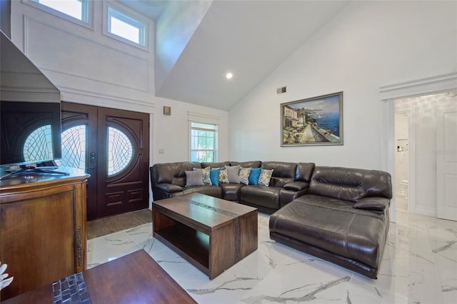 living room with visible vents, marble finish floor, french doors, high vaulted ceiling, and recessed lighting