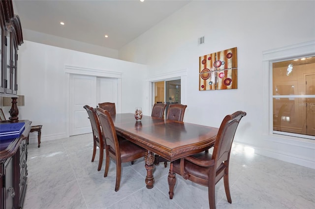 dining room with marble finish floor, recessed lighting, visible vents, and baseboards