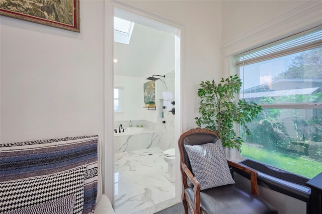 interior space featuring toilet, marble finish floor, a tub to relax in, and a skylight