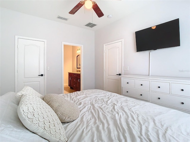 bedroom with connected bathroom and ceiling fan