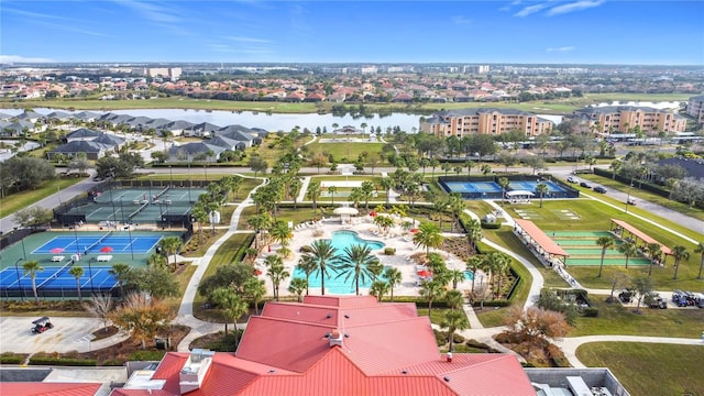 drone / aerial view featuring a water view