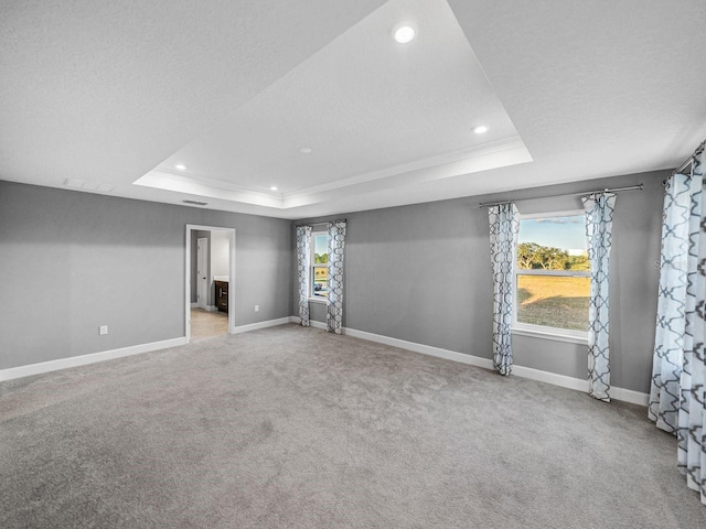 empty room with ornamental molding, a raised ceiling, carpet, and a textured ceiling