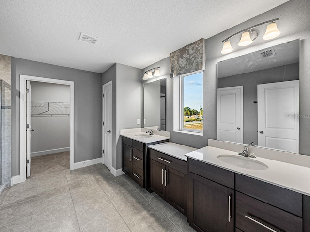 bathroom featuring vanity, a textured ceiling, and a shower with shower door