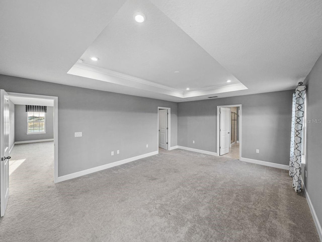 basement featuring light colored carpet and a raised ceiling