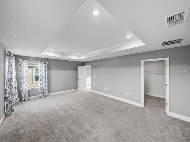 interior space with a spacious closet, light colored carpet, and a tray ceiling