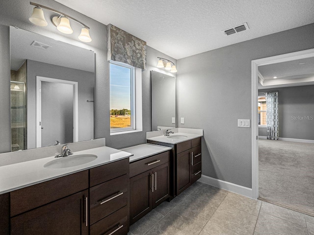 bathroom featuring vanity, a wealth of natural light, a textured ceiling, and walk in shower