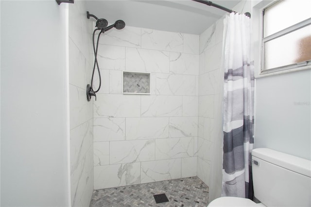 bathroom featuring toilet and a shower with shower curtain