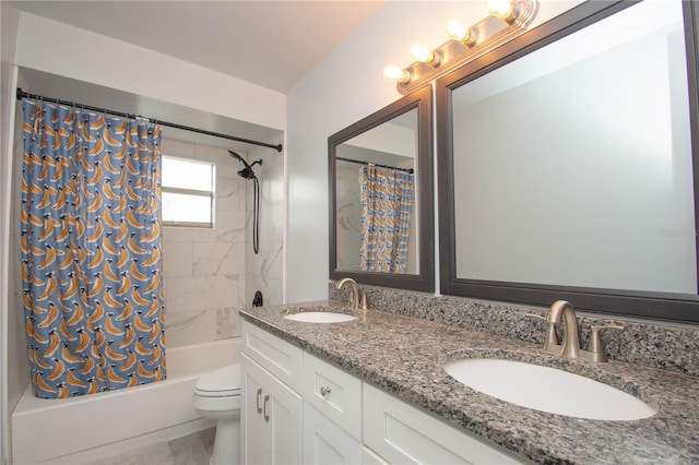 full bathroom featuring vanity, shower / tub combo with curtain, and toilet