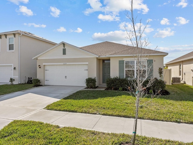 single story home featuring cooling unit and a front lawn