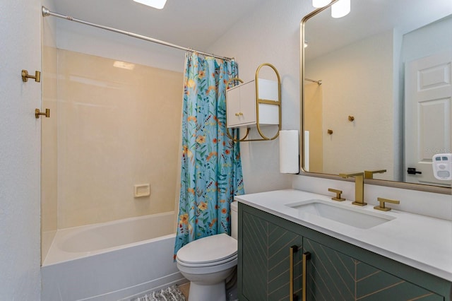 full bathroom featuring vanity, shower / bathtub combination with curtain, and toilet