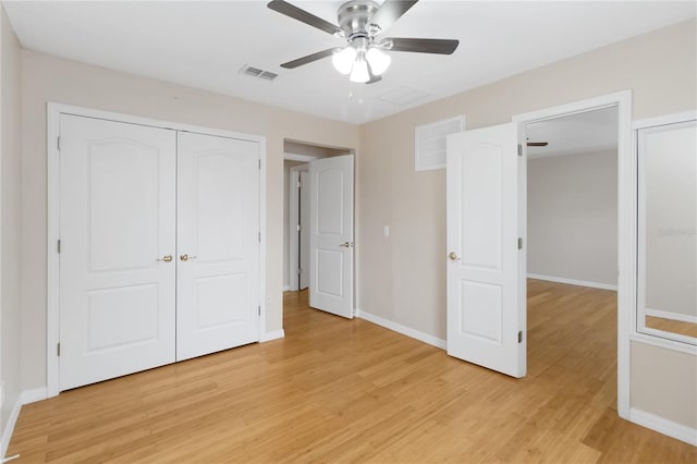 unfurnished bedroom with a closet, ceiling fan, and light hardwood / wood-style flooring