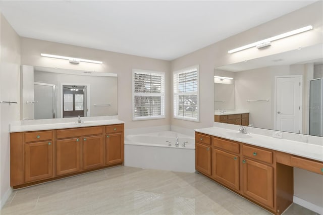 bathroom with vanity and plus walk in shower