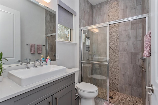 bathroom with vanity, toilet, and a shower with shower door