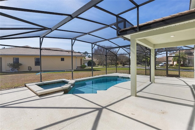 view of pool featuring a patio, a lanai, a yard, and an in ground hot tub