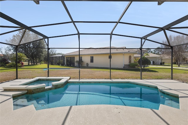 view of swimming pool featuring a yard, an in ground hot tub, a patio, and glass enclosure