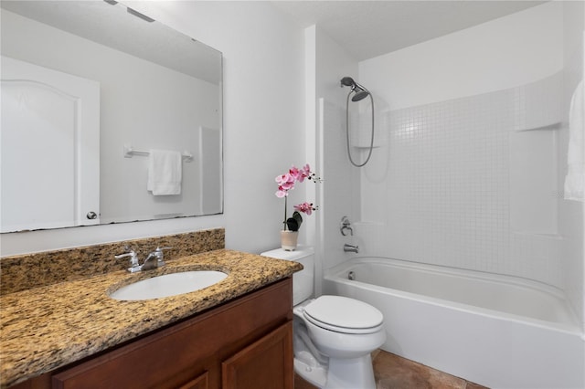 full bathroom featuring tile patterned floors, toilet, a textured ceiling, vanity, and shower / bath combination