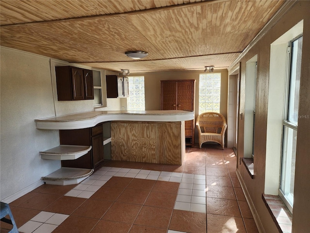 kitchen with a wealth of natural light, wood ceiling, and kitchen peninsula