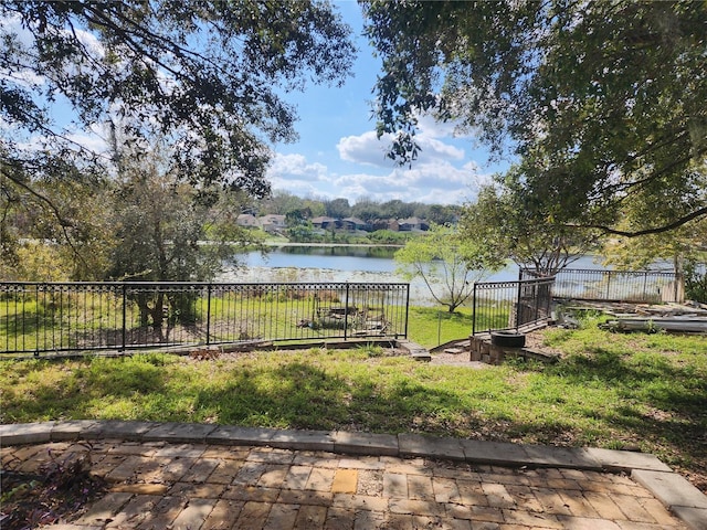 exterior space with a water view