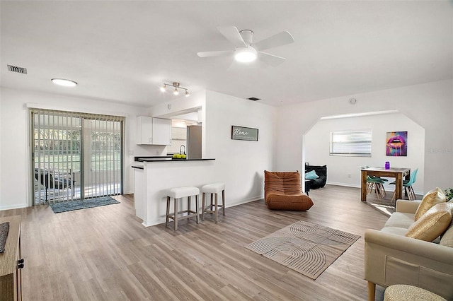 living room featuring a wealth of natural light, ceiling fan, and light hardwood / wood-style flooring